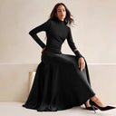 Chic Long Sleeve Maxi Dress with High Collar and Flowing Skirt