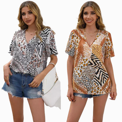 Artistic Animal Print V-Neck Blouse for Women