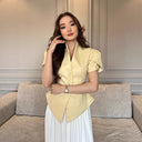 Chic Women's Designer Blouse with Puff Sleeves and Button Accents