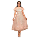 Chic Midi Dress with Sheer Puff Sleeves and Glitter Accents