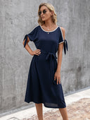 Stylish Women's Midi Dress with Bow and Belt