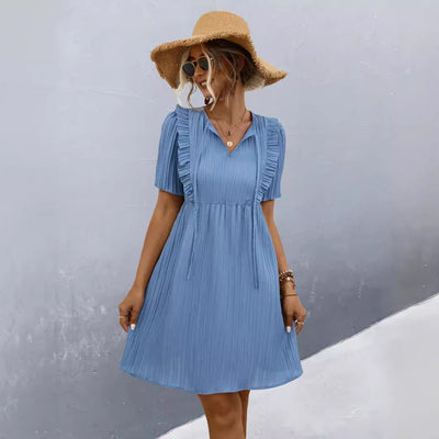 Chic Women's Pleated Dress with Ruffle Accents