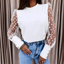 Chic Women's Blouse with Sheer Puff Sleeves & Polka Dots