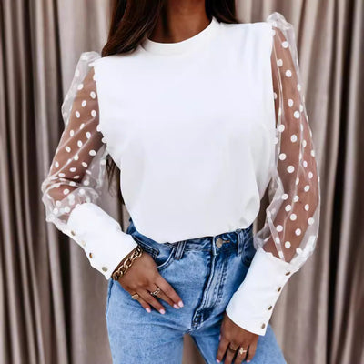 Chic Women's Blouse with Sheer Puff Sleeves & Polka Dots