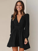 Chic Mini Dress with V-Neck and Puff Sleeves