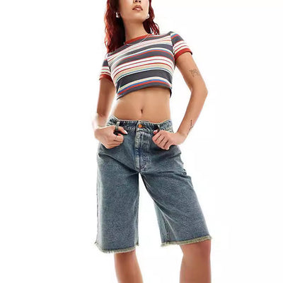Women's Frayed Hem Denim Bermuda Shorts