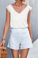Charming Women's V-Neck Blouse with Lace Trim