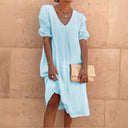 Chic V-Neck Linen Puff Sleeve Dress for Women