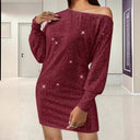 Chic Mini Dress with Asymmetrical Neckline & Balloon Sleeves