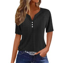 Women's Short Sleeve Blouse with Lace Details and Button Accents