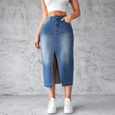 Chic Women's Denim Midi Skirt with High Slit and Frayed Hem