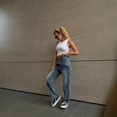 Trendy Women's High-Waist Patchwork Denim Pants