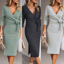 Chic Women's Wrap Dress with Stylish Waistline and Trumpet Sleeves