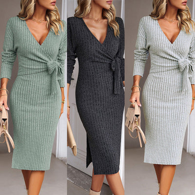 Chic Women's Wrap Dress with Stylish Waistline and Trumpet Sleeves