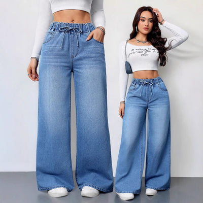 High-Waisted Wide Leg Jeans with Drawstring
