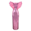 Stunning Evening Dress with Sequin Trim and Ruffled Shoulders