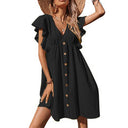 Chic Women's Summer Dress with Ruffle Accents and Button Closure