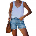 High Waist Cuffed Hem Destroyed Denim Shorts for Women