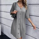 Women’s V-Neck Button Dress with 3/4 Sleeves