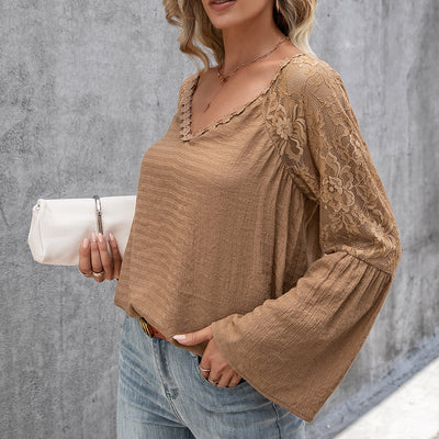 Chic Women's Blouse with Lace Sleeves & V-Neck Design