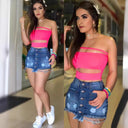 Trendy Women's Denim Skirt with Button Closure & Distressed Accents