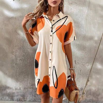 Floral Accented Women's Shirt Dress with Button Closure