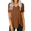 Stylish Women's V-Neck Tee with Asymmetrical Hem & Button Accents