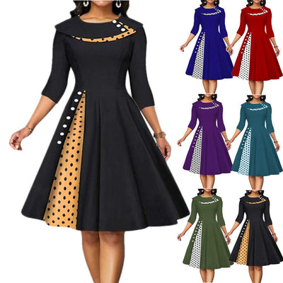 Chic Midi Dress with Dots & Contrast Trim