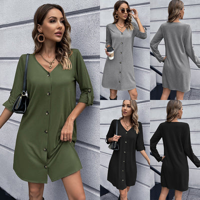 Women’s V-Neck Button Dress with 3/4 Sleeves