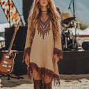 Artistic Embroidered Women's Festival Dress with Fringe