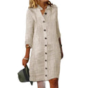 Stylish Women's Striped Shirt Dress with Button Placket and 3/4 Sleeves