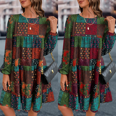 Women's Vibrant Patchwork Dress with Elastic Cuffs