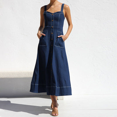 Women's Classic Denim Dress with Button Details and Utility Pockets