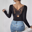 Chic Women's Long Sleeve Bodysuit with Lace Accents and Back Cut-Out Design