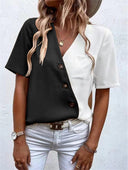 Chic Asymmetrical Short Sleeve Blouse with Button Accents
