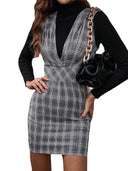 Checked Design Women's Short Sleeve Dress with Deep V-Neck