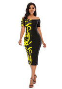 Chic Off-Shoulder Midi Dress with Eye-Catching Graphic Print