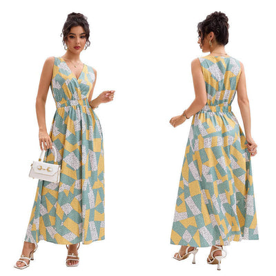 Chic Women's Geometric Maxi Dress with V-Neck