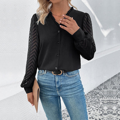 Chic Blouse with Sheer Ruffled Sleeves and Button Detail