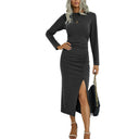 Chic Long Sleeve Midi Dress with Slit and Ruffles