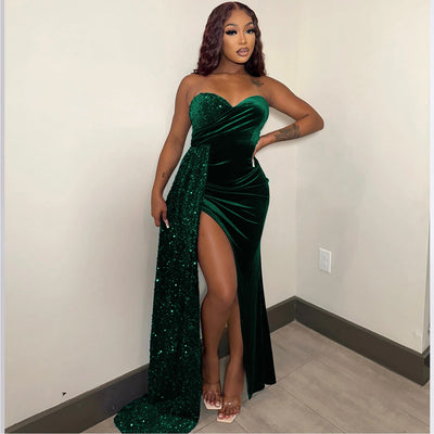 Women's Shimmering Satin Evening Dress with High Slit
