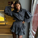 Stylish Women's Striped Blouses with Ruffled Hem and Billowy Sleeves