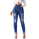 Trendy Ripped Women's Skinny Jeans with Button Detail