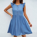 Ruffled Shoulder Women's Dress with Button Placket