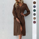 Chic V-Neck Women's Shirt Dress with Button Accents