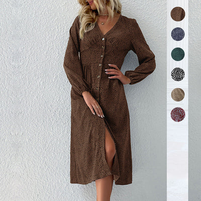 Chic V-Neck Women's Shirt Dress with Button Accents
