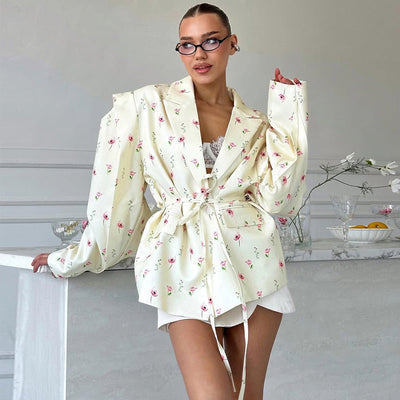 Floral Design Women's Blazer Jacket with Waist Belt
