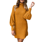 Chic Ribbed Knit Dress with High Collar and Puff Sleeves