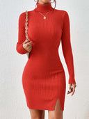 Fitted Ribbed Dress with High Collar & Side Slit