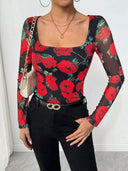 Floral Print Women's Long Sleeve Blouse with Sheer Sleeves